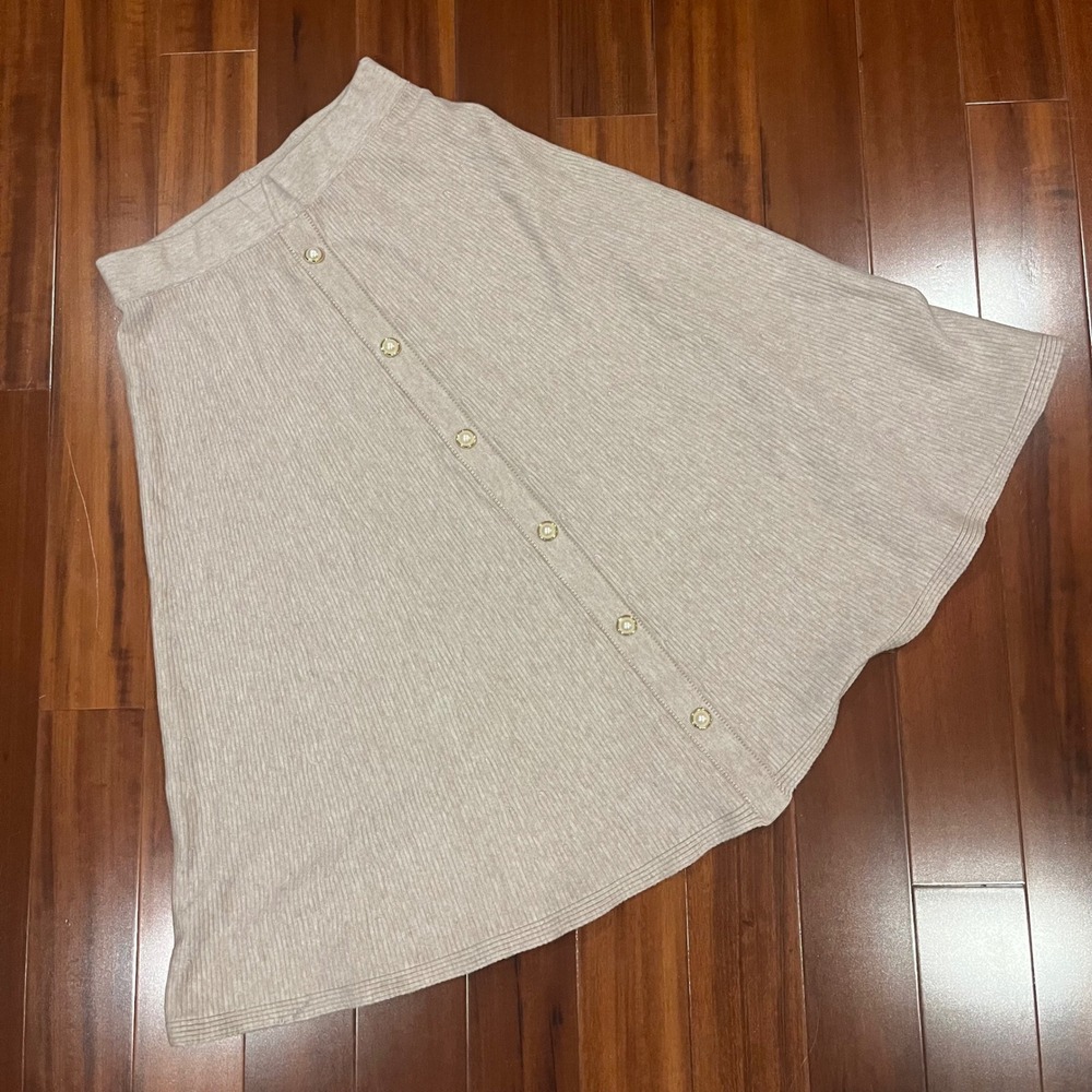 Macy McCoy Knit Skirt Beige Oatmeal Pearl Button A-Line Heathered Ribbed Sz XS S